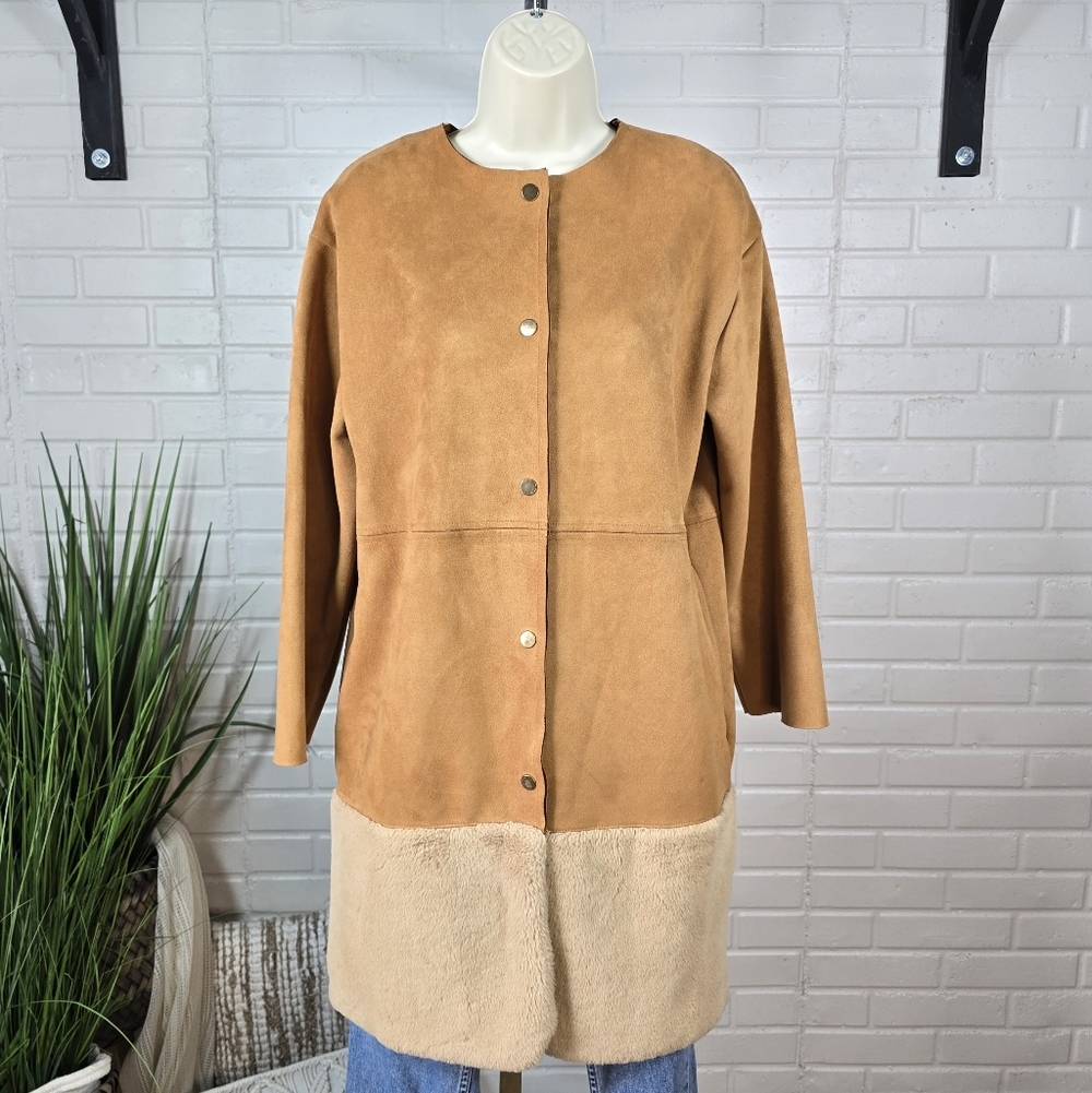 Zara Faux Suede Tan and Cream Fur Trimmed Jacket Oversized Small - Picture 4 of 13